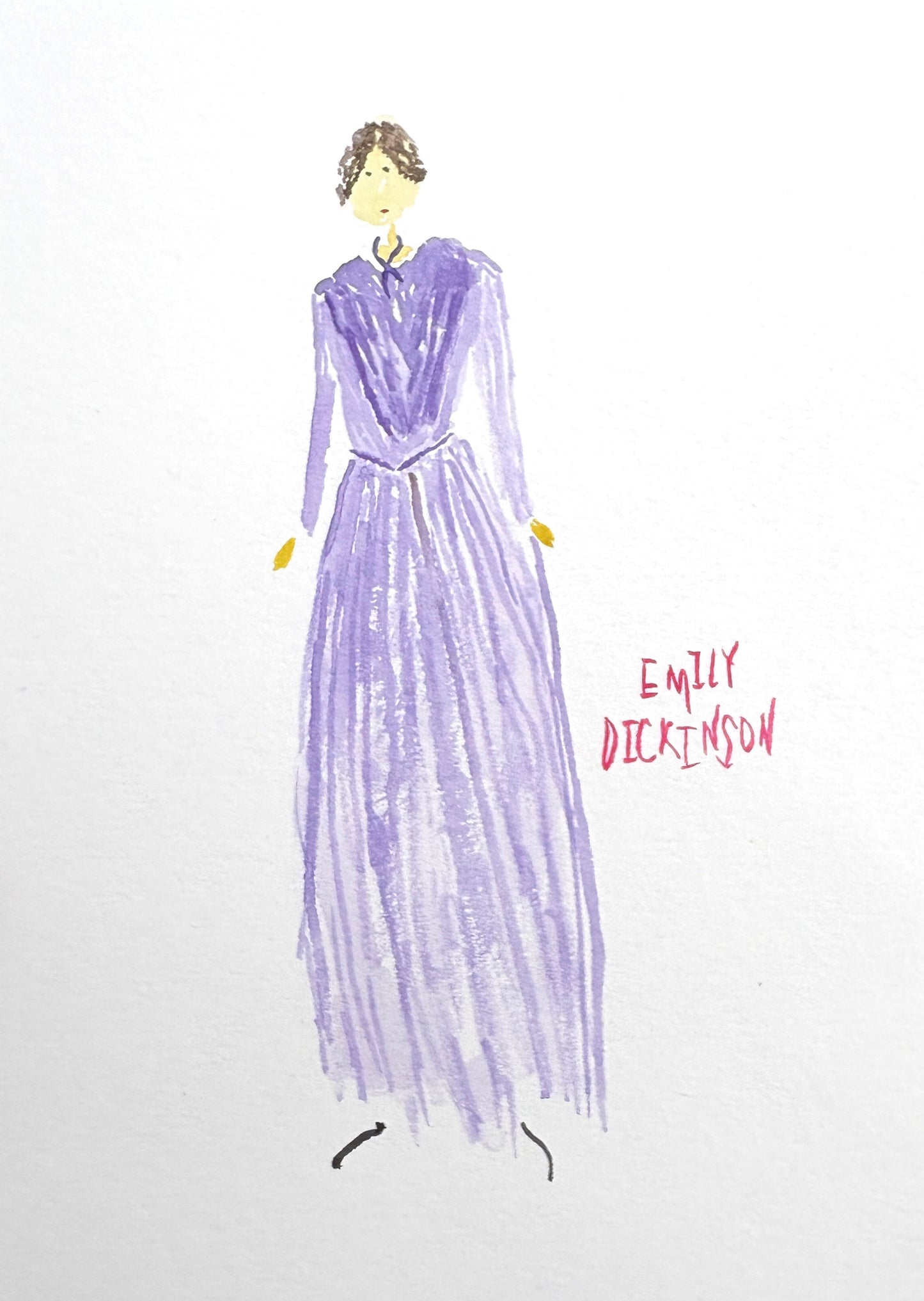 Woman in a purple dress with 'Emily Dickinson' text on a white background. 