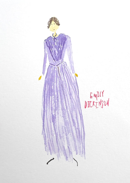 Woman in a purple dress with 'Emily Dickinson' text on a white background. 